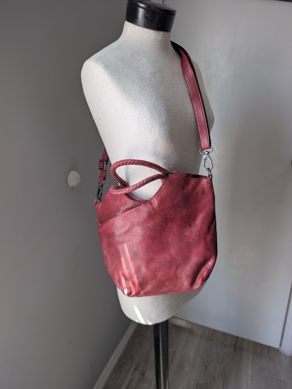 Structured Burgundy Leather Shoulder Tote with Braided Handle